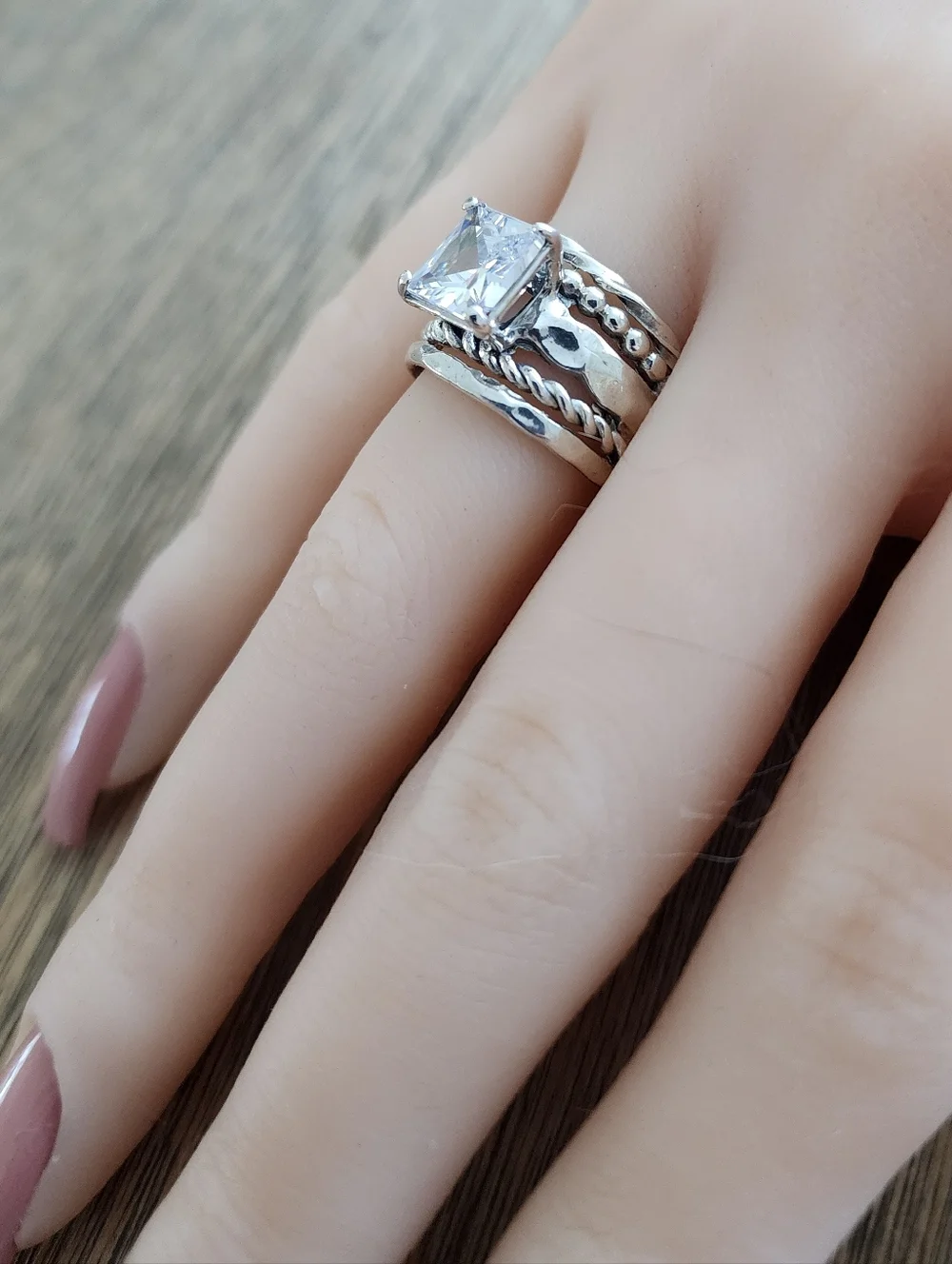 Noa Zuman Signed Sterling Silver 925 Clear CZ Stone Hammered 6.5 Ring Israel - Picture 6 of 12